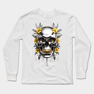 Chrome Metallic Skull Cyberpunk Golden floral design Long Sleeve T-Shirt